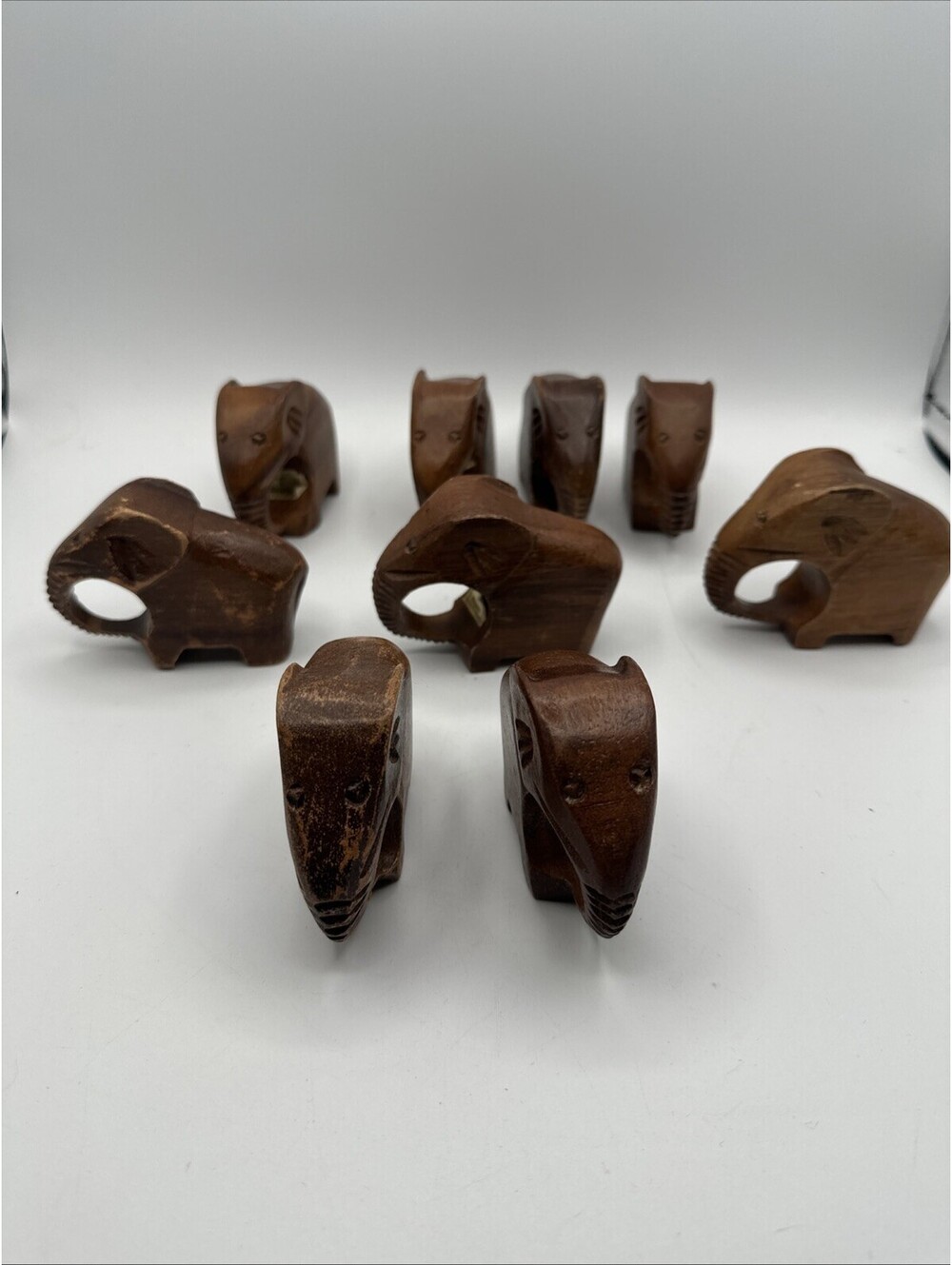 VTG Set of 9 Carved Wooden Elephant Napkin Rings Made in Philippines